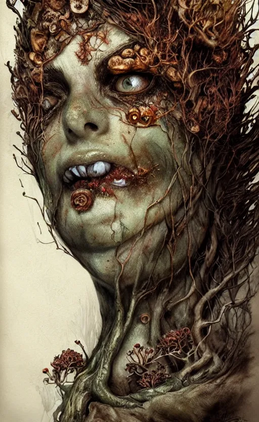 Image similar to portrait of a rotten tree spirit dryad with a beautiful face and flaming mouth and eyes, intricate, headshot, mushrooms, fungi, lichen, sketch lines, graphite texture, old parchment, guillermo del toro concept art, justin gerard monsters, intricate ink illustration, artstation