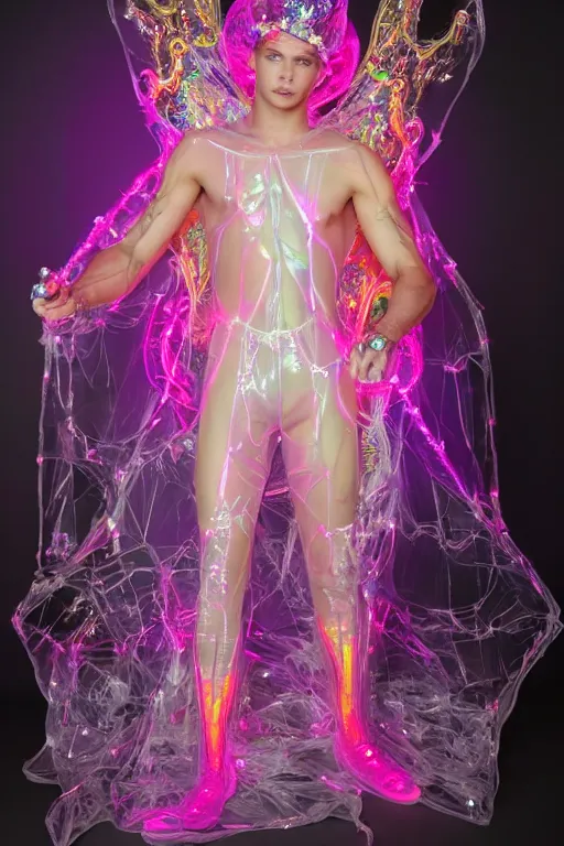 Prompt: full-body rococo and cyberpunk delicate neon crystalline sculpture of (((muscular slender Nick Jonas))) as an iridescent humanoid deity wearing a thin see-through ((plastic hooded cloak)) sim roupa, reclining con (las piernas abiertas), glowing pink face, crown of (((white lasers))), large diamonds, swirling black silk fabric. futuristic elements. oozing glowing liquid, full-length view. space robots. (((human skulls))). throne made of bones, intricate artwork by caravaggio. Trending on artstation, octane render, cinematic lighting from the right, hyper realism, octane render, 8k, depth of field, 3D