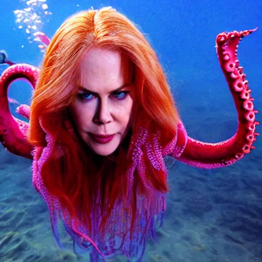 Image similar to Nicole Kidman as octopus woman (superhero), dramatic cinematic portrait, underwater