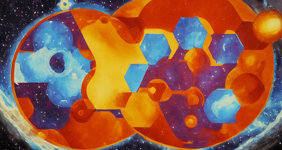 Image similar to shield made from hexagons, in space, the sun and earth, art deco painting