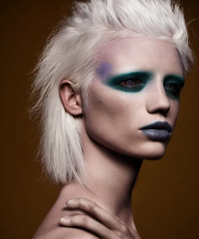 Prompt: a color photograph of a non binary model, platinum blonde, by thomas ruff, intense, bold, hyperrealistic, ultra sharp, extra details, ultra high quality, trending on pinteresst