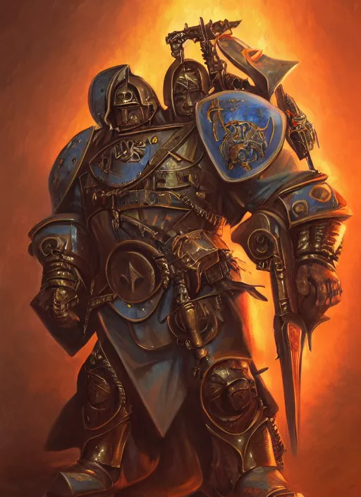 Image similar to John TotalBiscuit Bain dressed as a Warhammer 40k paladin, by Ivan Aivakovsky, by Boris Vallejo, epic fantasy character art, D&D Concept Art, full length, Realistic, Regal, Refined, Detailed Digital Art, Oil Paining, Exquisite detail, post-processing, masterpiece, Cinematic Lighting, Unreal Engine, 8k, HD