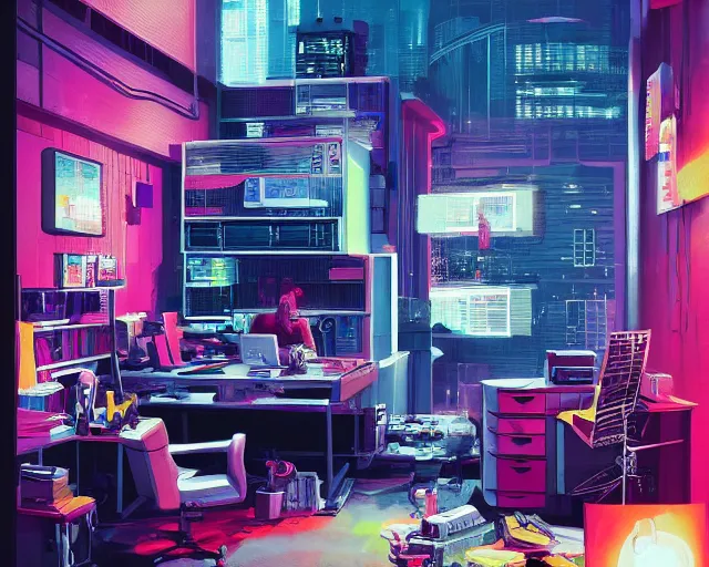 Image similar to IKEA catalogue photo of a cyberpunk office, by Paul Lehr