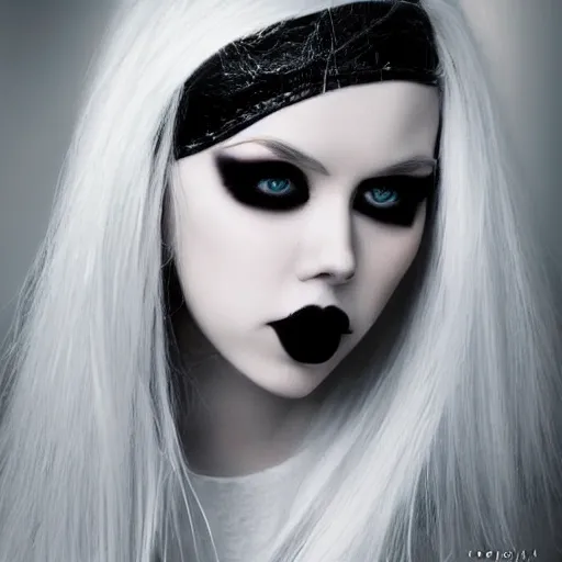 Prompt: modeling photograph kerli koiv, blonde, beautiful, dark, mysterious, bubble goth makeup, detailed symmetrical face, half body shot, fog dramatic, teen, high contrast