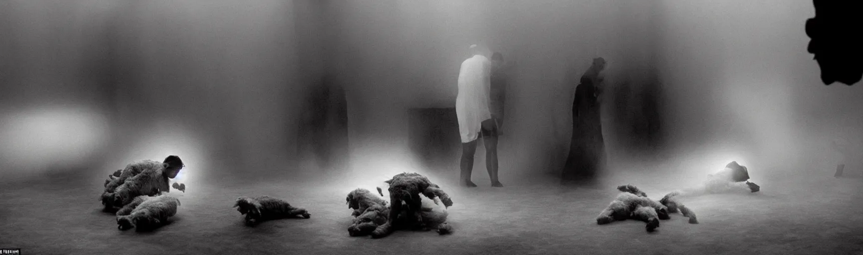 Image similar to world leaders engaging in a clandestine sacrifice of a lamb, dark room, misty dripping from the walls to the floor, in the style of director Ridley Scott