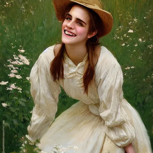 Image similar to laughing mouth open very thick paint brush strokes paint texture full body fashion model emma watson by Jeremy Lipking by Hasui Kawase by Richard Schmid (((smokey eyes makeup eye shadow fantasy, glow, shimmer as victorian woman in a long white frilly lace dress and a large white hat having tea in a sunroom filled with flowers, roses and lush fern flowers ,intricate, night, highly detailed, dramatic lighting))) , high quality