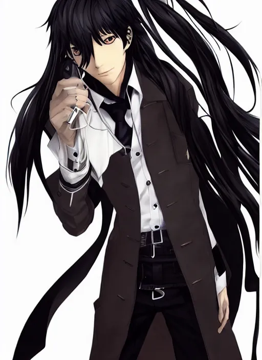 Prompt: half - body character portrait by shigenori soejima, handsome male vampire, focus on face sword holster, long black hair, light brown coat