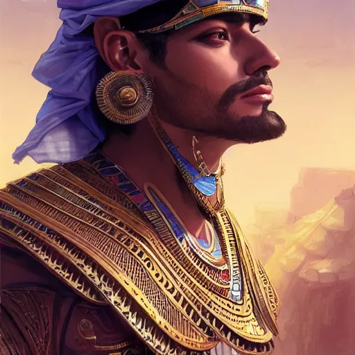 Prompt: portrait of a handsome egyptian prince on a steampunk throne of a desert city, headshot, highly detailed, digital painting, artstation, concept art, sharp focus, cinematic lighting, illustration, art by artgerm and greg rutkowski, alphonse mucha, cgsociety