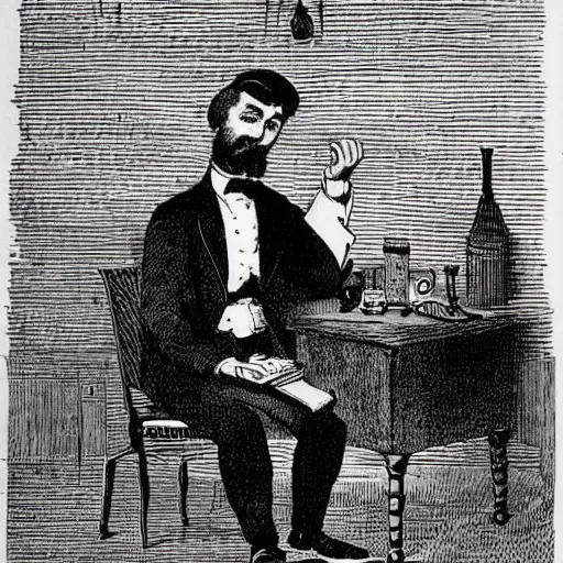 Prompt: man texting on his cell phone, 1871 Punch magazine cartoon
