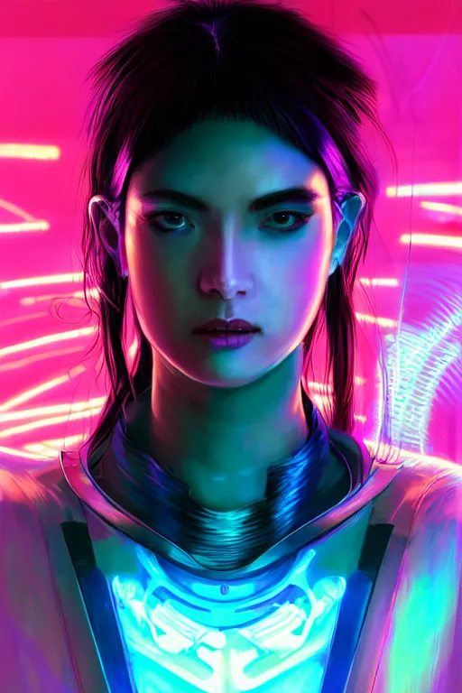 Prompt: portrait futuristic dreaming cyberpunk female ninja, in futuristic neon light and firefly tokyo rooftop cyberpunk night, ssci-fi, fantasy, intricate, very very beautiful, elegant, neon light, highly detailed, digital painting, artstation, concept art, soft light, hdri, smooth, sharp focus, illustration, art by tian zi and craig mullins and WLOP and alphonse mucha