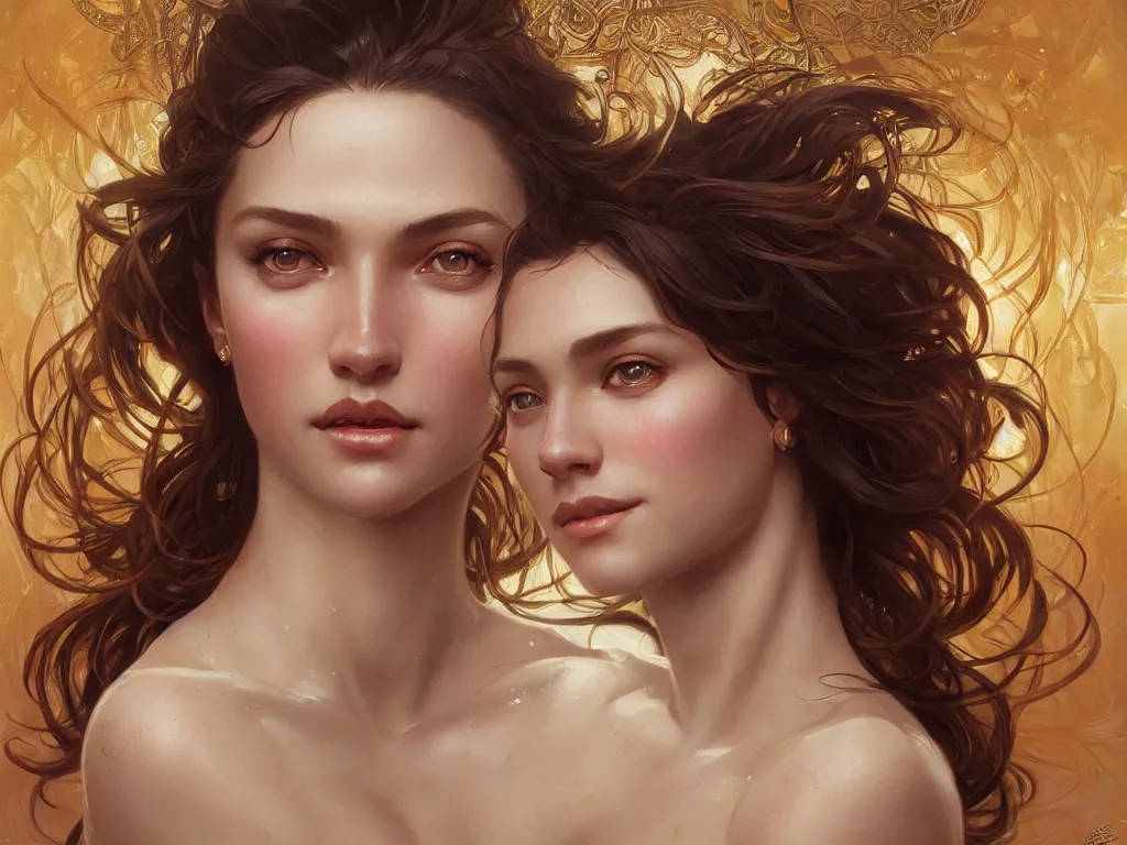 Image similar to epic portrait an star goddess smiling, beauty, sweaty skin, glossy lips, intricate, full frontal shot, highly detailed, digital painting, artstation, concept art, sharp focus, illustration, art by artgerm and greg rutkowski and alphonse mucha