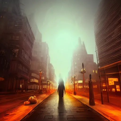 Image similar to ghost under a sheet, floating over a city sidewalk, city night lights, spooky Halloween fun, trending on artstation, 8k, 4k, volumetric lighting, unity