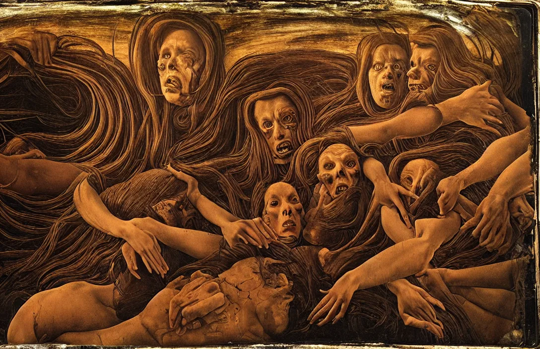 Image similar to gnarly intact flawless ambrotype from 4 k criterion collection remastered cinematography gory horror film, ominous lighting, evil theme wow photo realistic postprocessing nightmarish world of fear, horror, and revulsion that shocks and disturbs the spectator with its emotional power macrolens mural by sandro botticelli