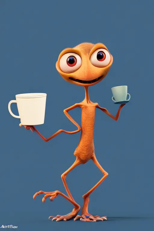 Prompt: a funny alien holding a cup of coffee with his flying saucer at background. pixar disney 4 k 3 d render animation movie oscar winning trending on artstation and behance, ratatouille style