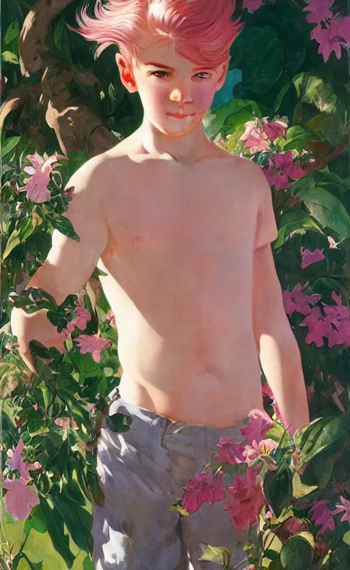 Prompt: androgynous cute pink haired teen boy wearing greek clothes, muted colors, colorful flowers, tropical, sunlight filtering through skin, j. c leyendecker, by alan lee, wlop! illustrated by starember, fantasy art by craig mullins cfg _ scale 8