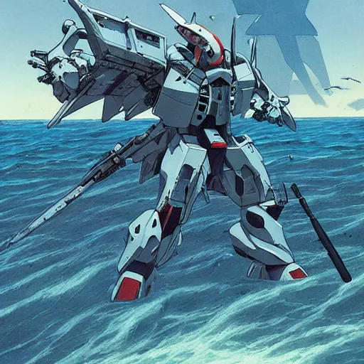 Image similar to shark faced gundam, amphibious combat mecha mobile suit stepping onto a beach holding a scifi weapon, over under shot by wayne barlowe, pascal blanche, victo ngai