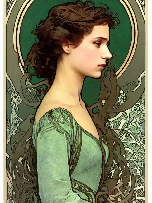 Image similar to an art nouveau mucha poster style head and shoulders portrait oil painting of a pretty young alicia jessica vikander alba wearing an oversize grey - green t - shirt, intricate, detailed, smooth, complex, elaborate, by alphonse mucha and james gurney and john william waterhouse and bouguereau