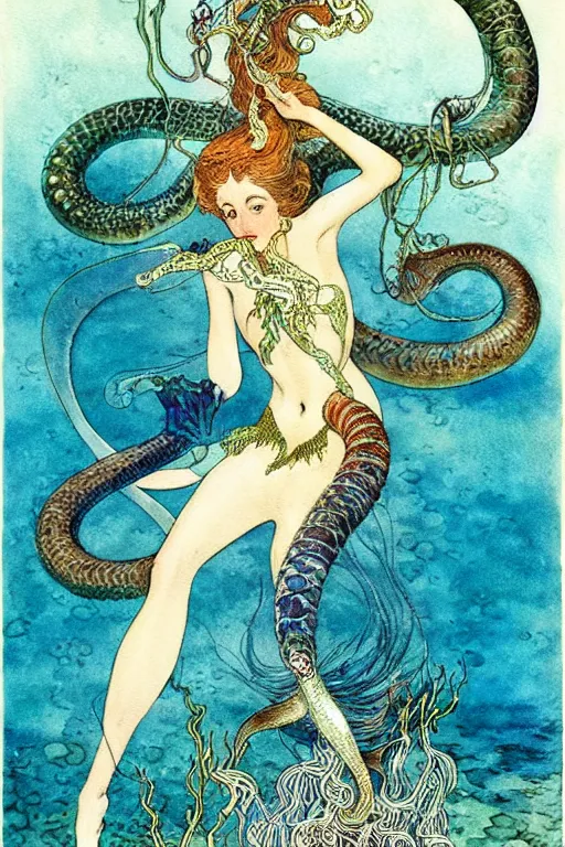 Image similar to woman with two eel tails for legs underwater, fantasy art, little mermaid fairytale, art by hans zatzka and walter crane and kay nielsen, watercolor illustration,