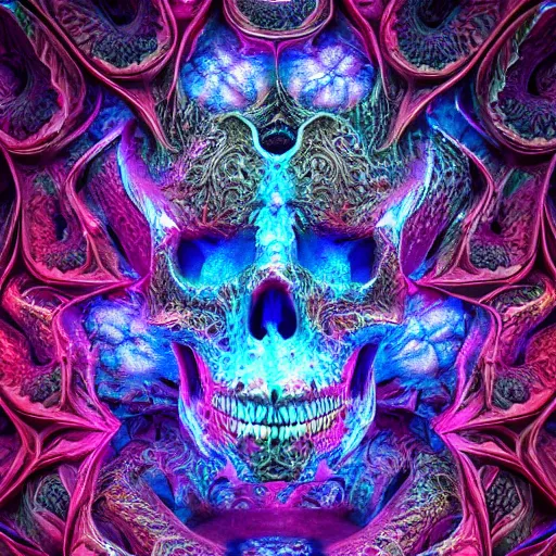 Image similar to Macro photography of fractal dragon scale, fantasy skull, intricate ornate details, mandelbrot, octane render, 8k, high quality, volumetric lighting, smooth surface render