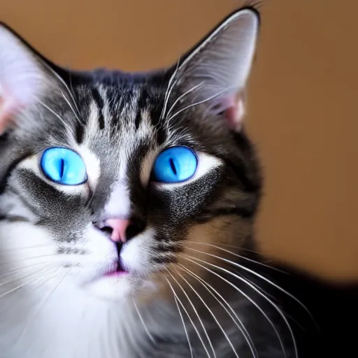 Prompt: a cat with a half white half gray nose with white whiskers and light blue eyes