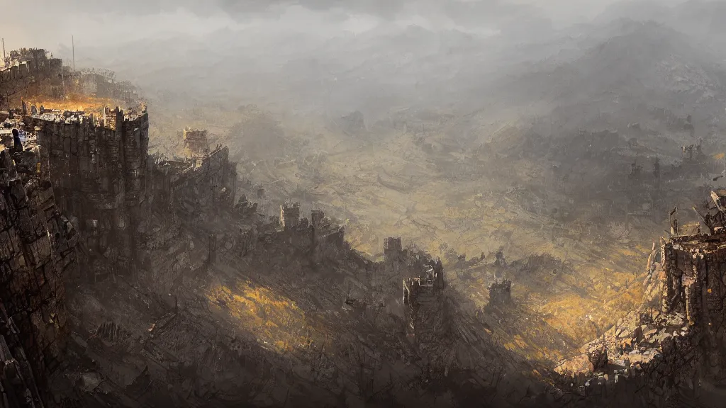 Prompt: top down view of magnificent hill fortress, papyrus, watercolored, jakub rozalski, dark colours, dieselpunk, artstation