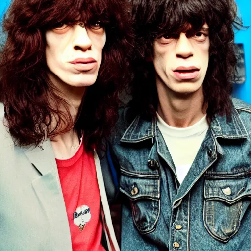 Prompt: The Lovechild of Joey Ramone and a Young Mick Jagger, real life, hyperrealistic, ultra realistic, realistic, highly detailed, epic, HD quality, 8k resolution, body and headshot, front facing, front view, headshot and bodyshot, detailed face, very detailed face, full body and head