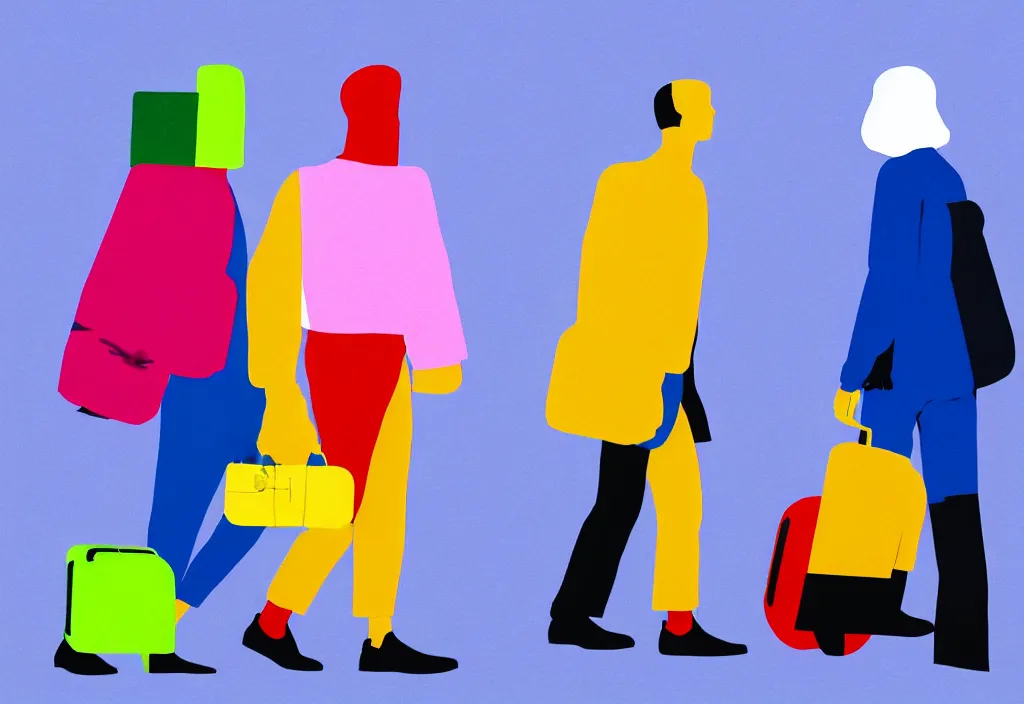 Image similar to full body portrait of a duo of european tourists travel apparel, various poses walking and carrying luggage, geometric character designs painting, in the style of wes anderson, rene magritte, lola dupre, david hockney, isolated on white background, dark monochrome neon spraypaint accents octane render