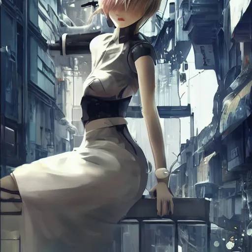 Prompt: luxury advertisement, white and khaki colors. highly detailed post-cyberpunk sci-fi close-up schoolirl in asian city in style of cytus and deemo, mysterious vibes, by Ilya Kuvshinov, by Greg Tocchini, nier:automata, set in half-life 2, beautiful with eerie vibes, very inspirational, very stylish, surrealistic, perfect digital art, mystical journey in strange world, bastion game