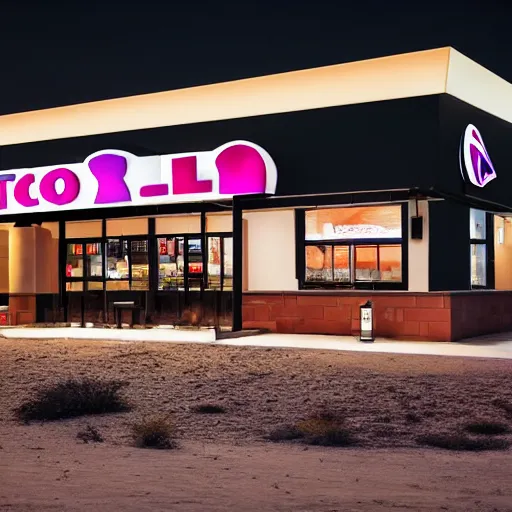 Image similar to cinematic fill still of a Taco Bell in the desert, Sigma 500mm f/5 shot from a far at night