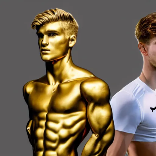 Image similar to a realistic detailed photo of a guy who is an attractive humanoid who is half robot and half humanoid, who is a male android, soccer players martin ødegaard & timo werner, shiny skin, posing like a statue, blank stare, in a living room, on display, showing off his muscles, gold soccer shorts, no jersey, statue, many copies of them