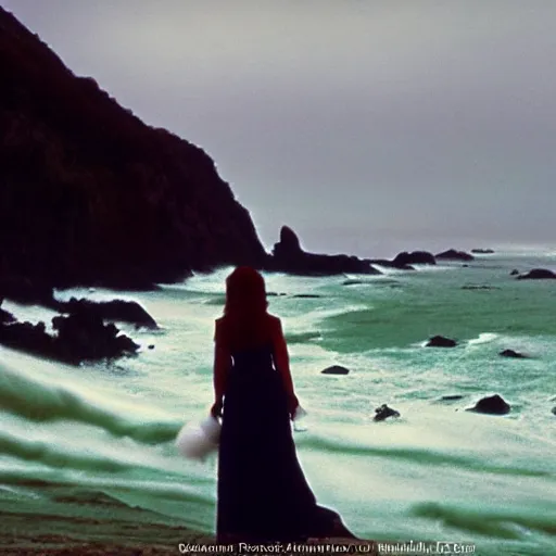 Image similar to 1 9 7 0's artistic italian western film in color, a woman in a giant billowy wide flowing waving dress made out of sea foam, standing inside a green mossy irish rocky scenic landscape, crashing waves and sea foam, volumetric lighting, backlit, moody, atmospheric
