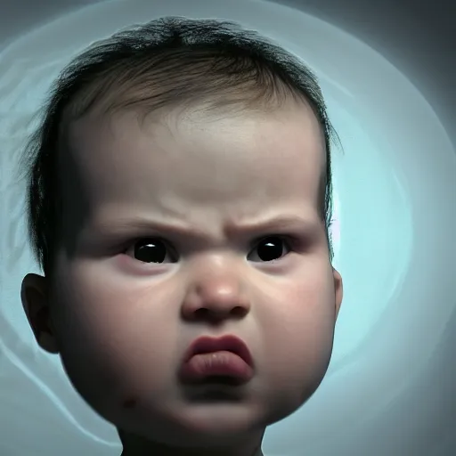 Prompt: cute angry baby, hyperrealism, hyperrealistic, cinematic masterpiece, fantasy style 8 k octane render