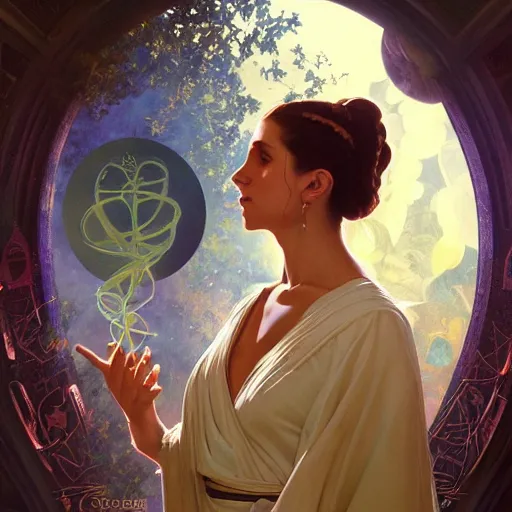 Prompt: an acrylic on canvas portrait of Princess Leia Shaman Lightworker Alchemist Druid, Mystery, Love, wholeness, rooted lineage, web of life, open eye freedom by Greg Rutkowski, Artgerm and Alphonse Mucha. Epic fantasy art.