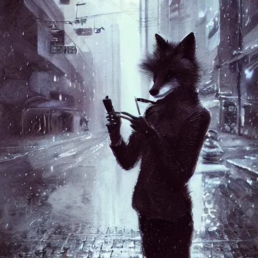 Image similar to beautiful portrait of a female anthro fox, smoking a cigarette in the rain, in crowded and wet street of a city, melancholic, cyberpunk, harsh neon lights, highly detailed, deep shadows, digital painting, shallow depth of field, illustration, art by sakimichan and greg rutkowski