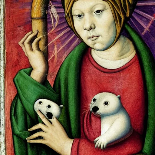 Image similar to portrait of a baby harp seal dressed as a christian saint, sandra bottecelli 1 4 9 0