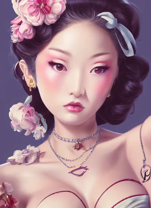 Prompt: a pin up and beautiful fashion dreamlke japan girl with lv jewelry, character art, art by artgerm, wlop, loish, hyperdetailed, 8 k realistic, symmetrical, global illumination, radiant light, frostbite 3 engine, cryengine, dof, trending on artstation, digital art, chanel, dior, detailed background