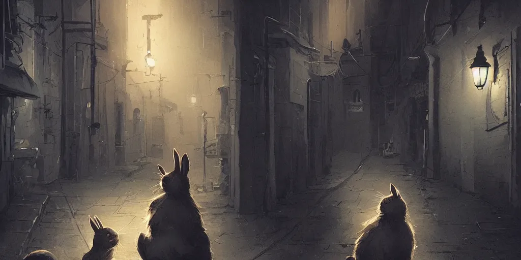 Image similar to rabbit is talking with a cat in a dark alley, warm color palette, night time, dramatic lighting, noir film, fine details, high contrast, blacksad, kim jung gi, greg rutkowski, trending on artstation, 8 k, ultra wide angle