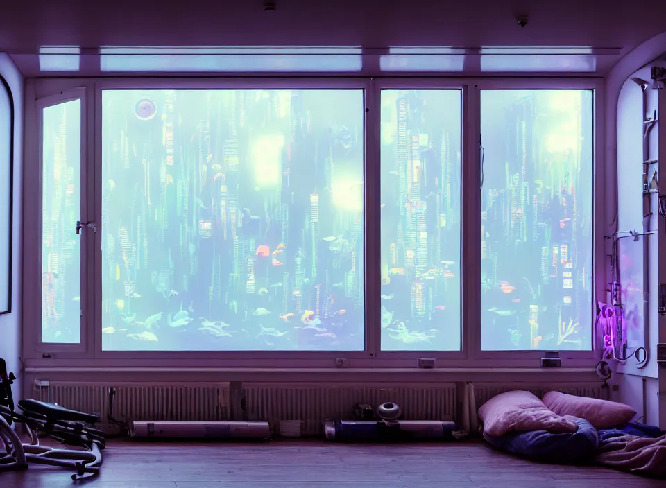 Image similar to telephoto 7 0 mm f / 2. 8 iso 2 0 0 photograph depicting the feeling of insomnia in a cosy cluttered french sci - fi ( art nouveau ) pale cyberpunk apartment in a pastel dreamstate art cinema style. ( aquarium, computer screens, window ( city ), led indicator, lamp ( ( ( gym ) ) ) ), ambient light.