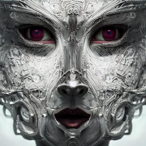 Image similar to Very very very very highly detailed epic central composition studio photography of face with venetian mask, intricate, dystopian, sci-fi, extremely detailed, digital painting, artstation, concept art, smooth, sharp focus, illustration, intimidating lighting, incredible art by Tokujin Yoshioka and Anton Pieck