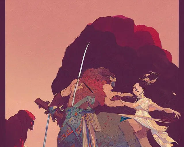 Image similar to a beautiful maiden sword fighting a big burly man, digital art, illustrated by james gurney and victo ngai