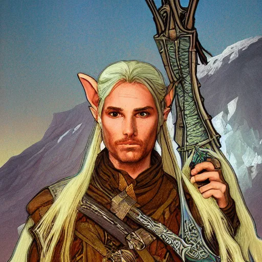 Image similar to Kethlan the elven desert bandit. Epic portrait by james gurney and Alfonso mucha (lotr, witcher 3, dnd).