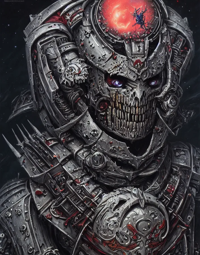 Image similar to art portrait of an undead space marine vampire king, intricate detailed armour ,8k,by tristan eaton,Stanley Artgermm,Tom Bagshaw,Greg Rutkowski,Carne Griffiths, Ayami Kojima, Beksinski, Giger,trending on DeviantArt,face enhance,hyper detailed,minimalist,cybernetic, android, blade runner,full of colour,