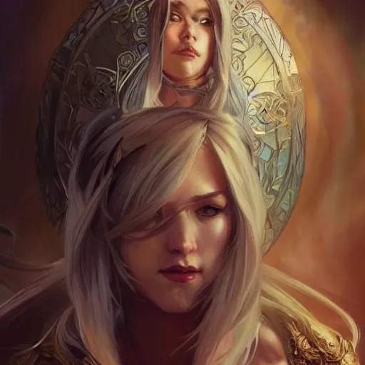 Image similar to Three quarters portrait of a female sorceress, highly detailed, digital painting, art by Stanley Lau and Artgerm and Greg Rutkowski and Alphonse Mucha, artstation, cgsociety, RPG portrait, Dungeons & Dragons