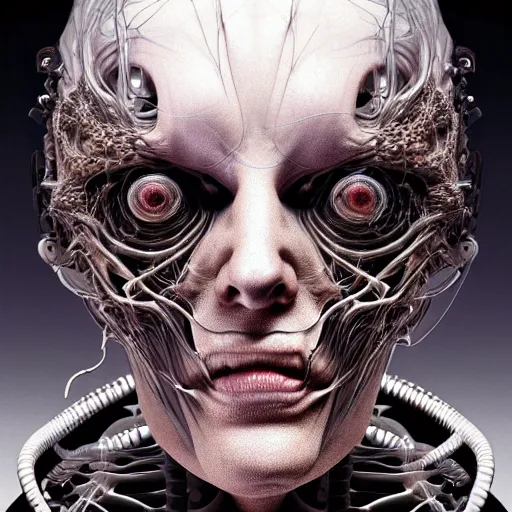 Image similar to portrait of neural nightmares by yoshitaka amano and HR Giger, detailed face face face face, facial structure, hd, 8k, very very very very electronic, biomechanical, biology, bio, neural machine, single subject, terror