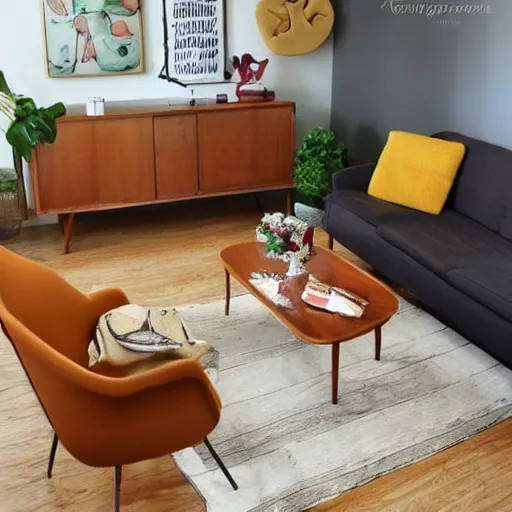 Image similar to spaghetti and meatballs shaped into a mid century modern living room set