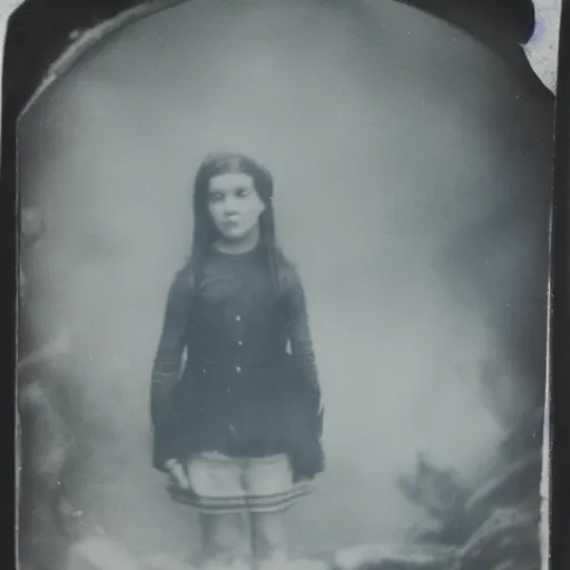 Image similar to tintype photo, underwater, girl riding the lochness monster