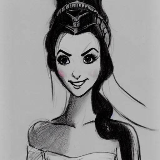 Prompt: milt kahl sketch of victoria justice with done up hair and tendrils as princess padme from star wars episode 3