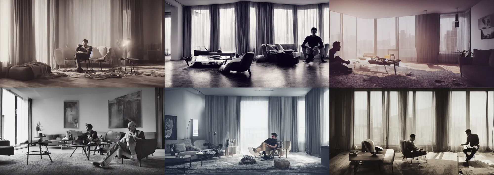 Prompt: a man sitting in a lavish apartment, film grain, vignette, backlight, sunlight, cinematic lighting, global illumination, ray tracing reflections, cgsociety