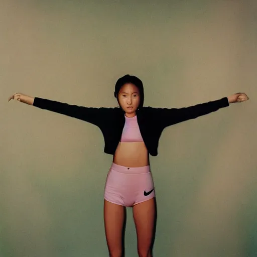 Image similar to realistic photoshoot for a new nike lookbook, color film photography, portrait of a beautiful person, in style of ren hang, 35mm, graflex