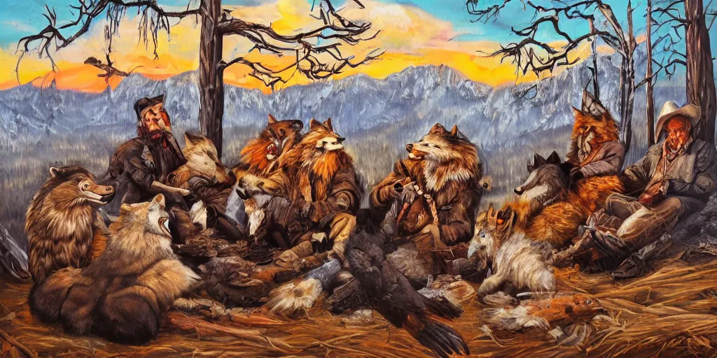 Prompt: old west theme, animals (eagle, bear, wolf and two foxes) sitting around campfire telling stories, oil paint on canvas